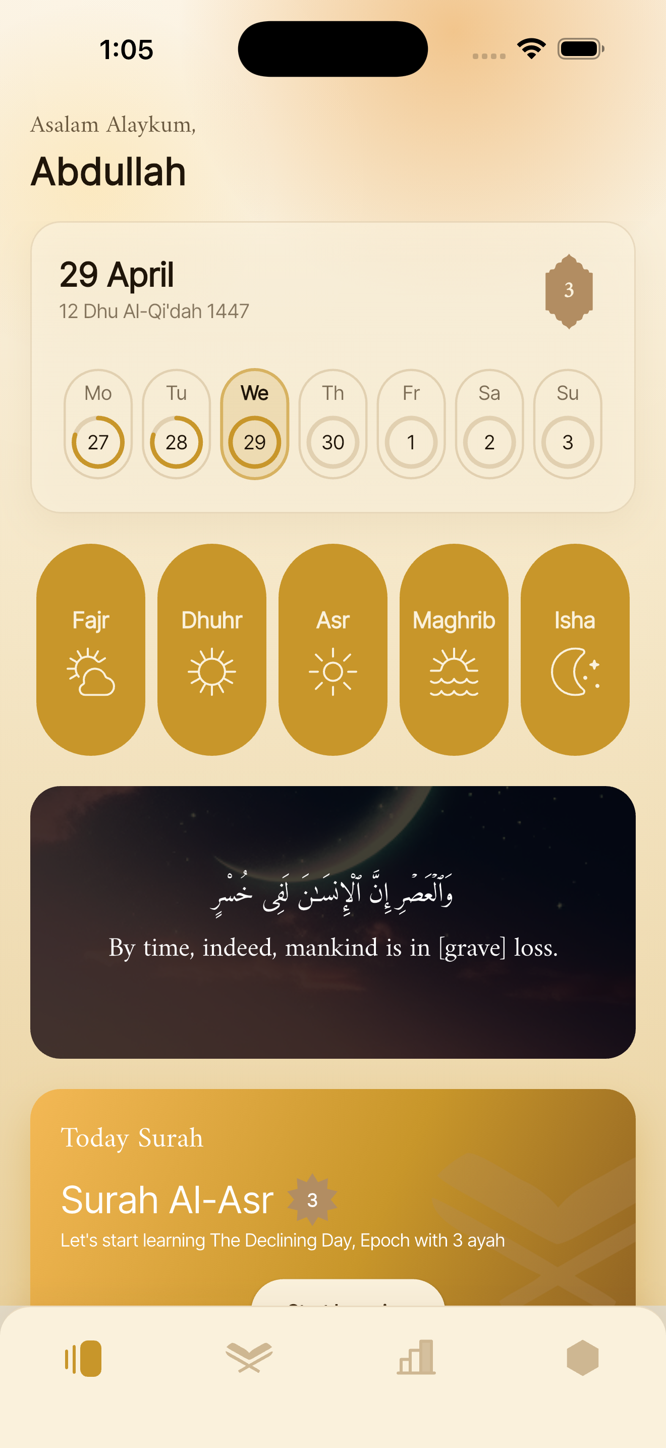 Mutaqi home screen showing today's prayer tracker